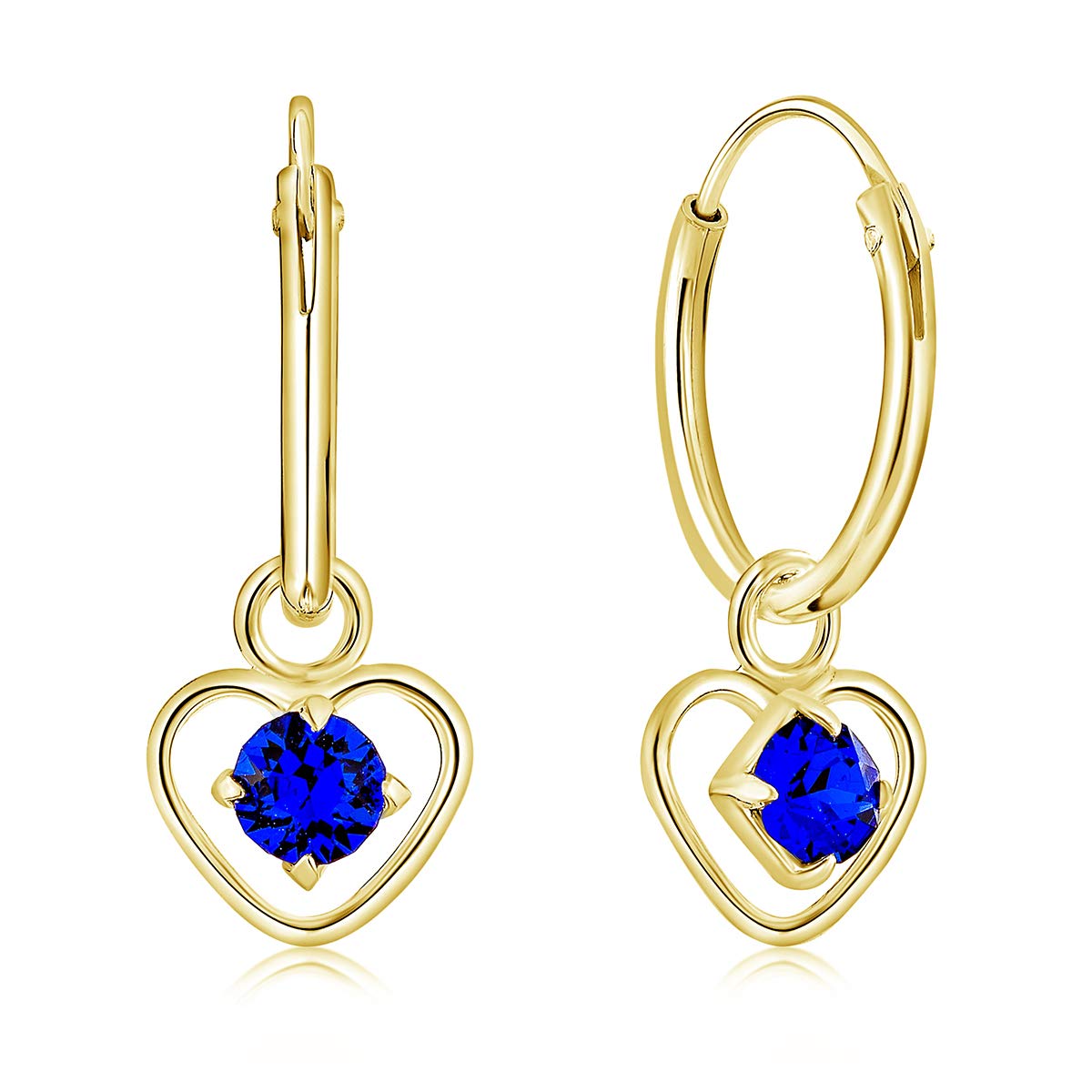 Gold Plated Earrings with Dangling Heart - 925 Sterling Silver Hoop Earrings for Women 24K Gold Plated with Royal Blue Crystals - Hypoallergenic Nickel Free for Sensitive Skins — image 1