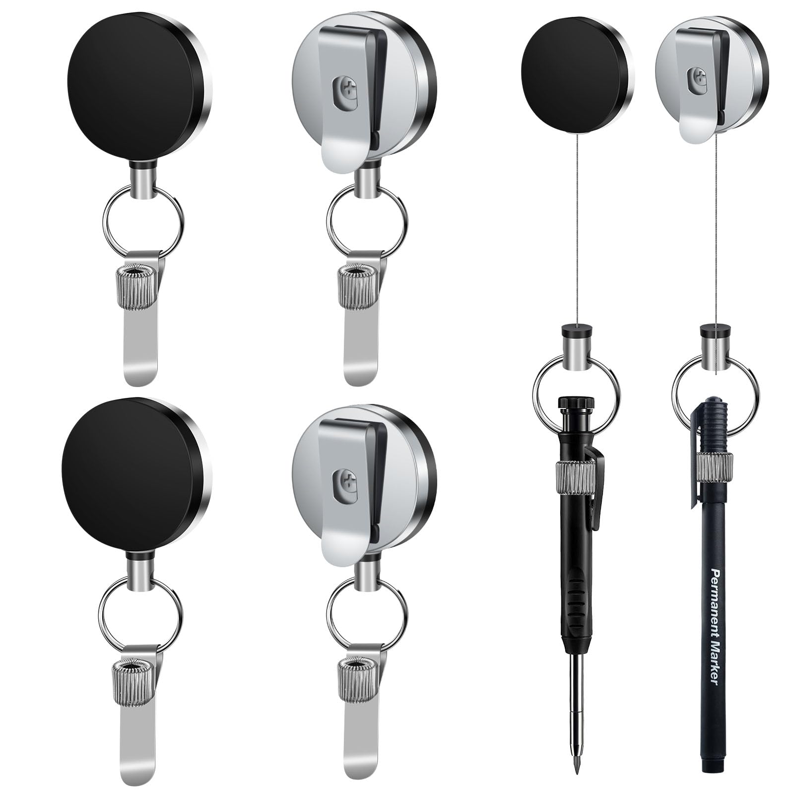 Photo 1 of YueMiEcoUS 4 Pack Heavy Duty Retractable Pull Pen Pencil Holder with 31.5" Steel Cord,Metal Pen Clip Retractable Pen Holder for Carpenters,Nurses,Waitresses,Construction Workers