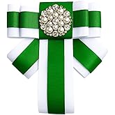 Ribbon Bow Tie Pearl Brooch Bow Pin, Green and White Grosgrain Ribbon with Crystal Accent, Decorative Fashion Accessory, Sorority Paraphernalia Brooch Pin for Women, Inspired for LINKS, Conferences, Luncheons