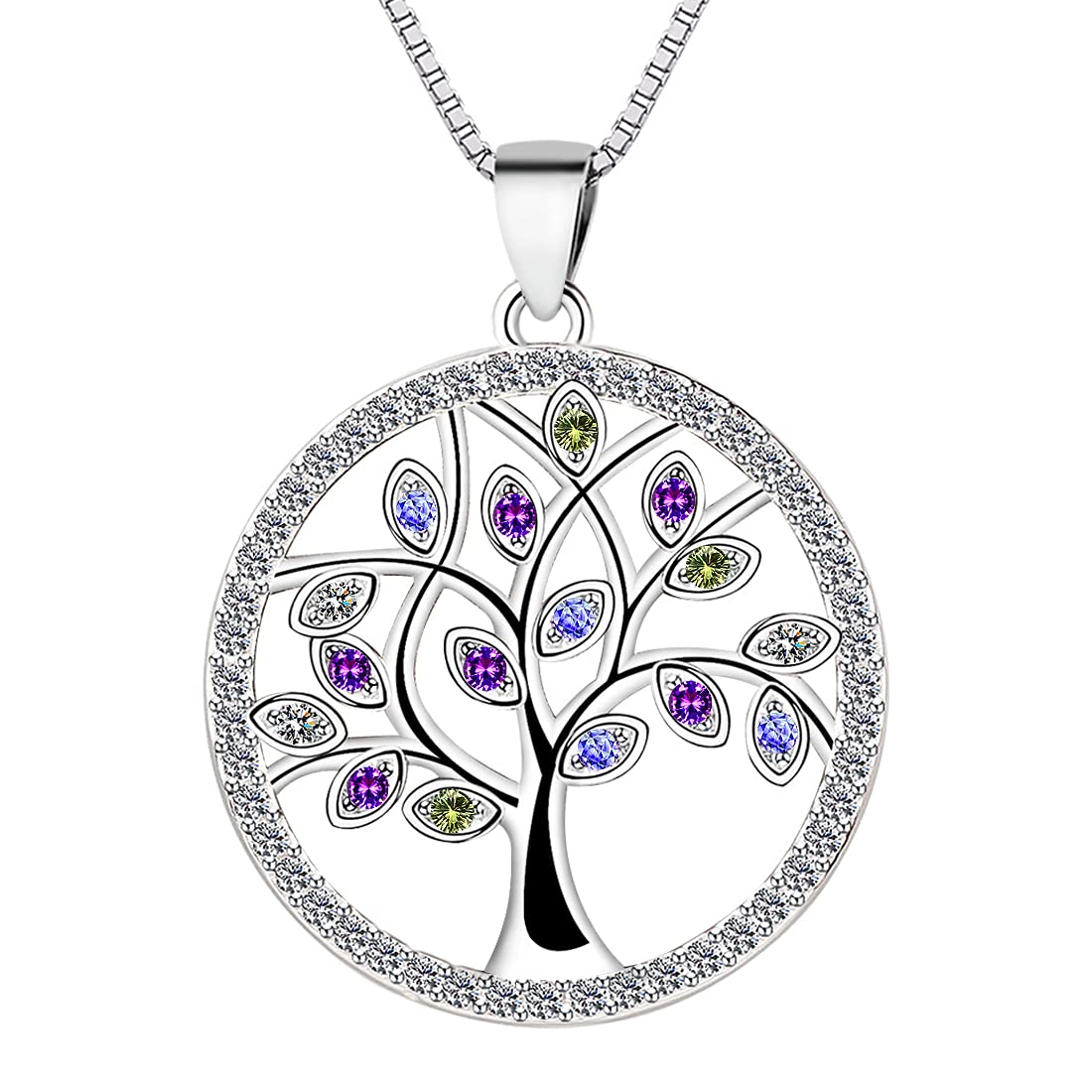 Yaneno Tree of Life Necklace 925 Sterling Silver Family Tree Crystal Zirconia CZ Pendant for Women (White)