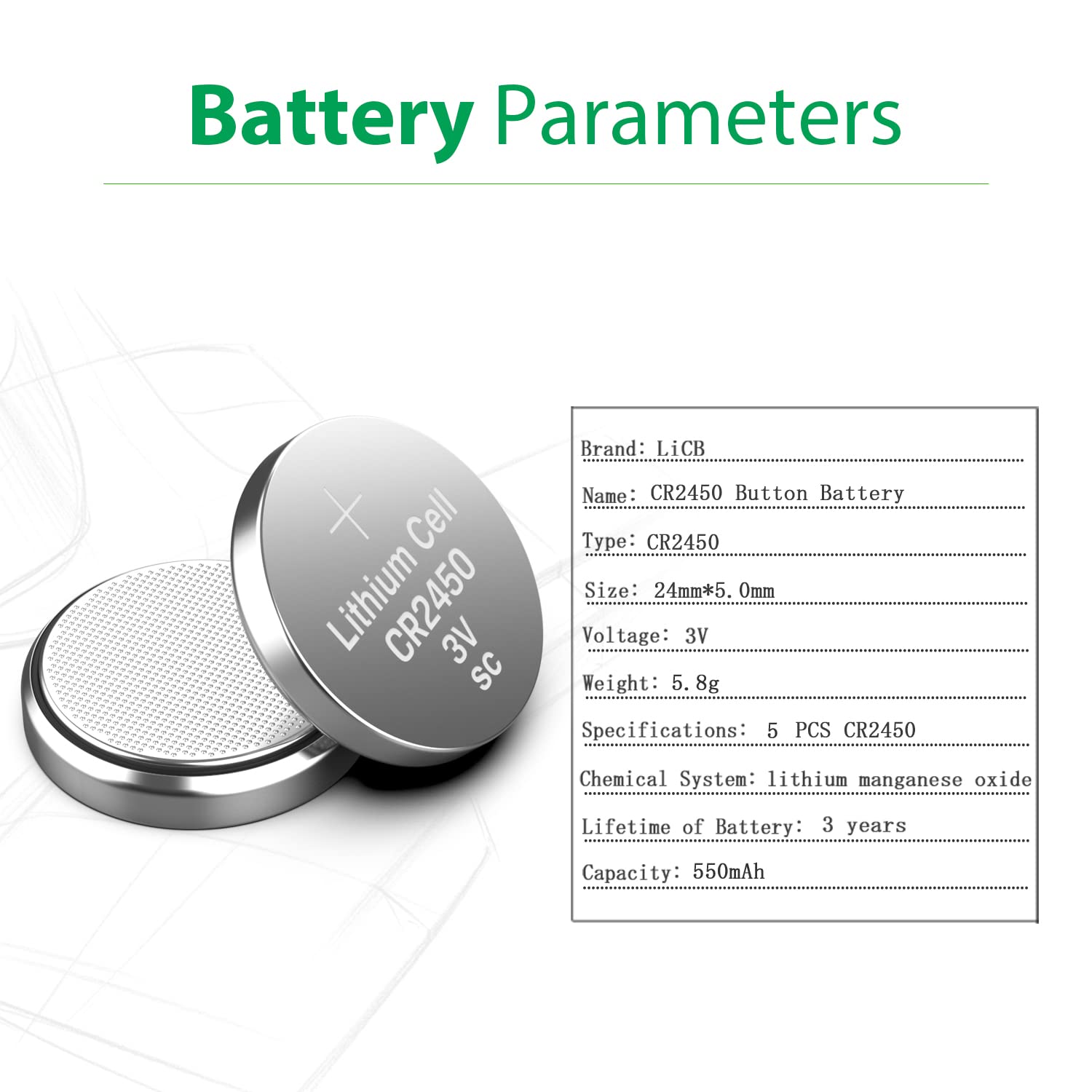 LiCB CR2450 Battery,Long-Lasting & High Capacity CR2450 Lithium Batteries,3 Volt Coin & Button Cell (5-Pack)
