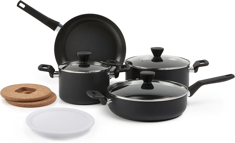10-teiliges Keramik-Antihaft-Kochgeschirr-Set, Stapelbar, Töpfe und Pfannen mit Deckeln, Spülmaschinenfest, Backofengeeignet bis 175°C, für alle Herdarten außer Induktion, Schwarz — Foto 1 von 6