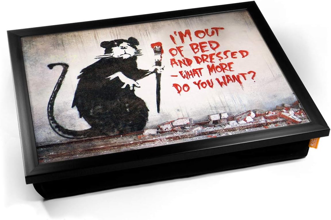Banksy Out of Bed Rat Bean Bag Cushion Breakfast Lap Tray Lapdesk - Black Frame