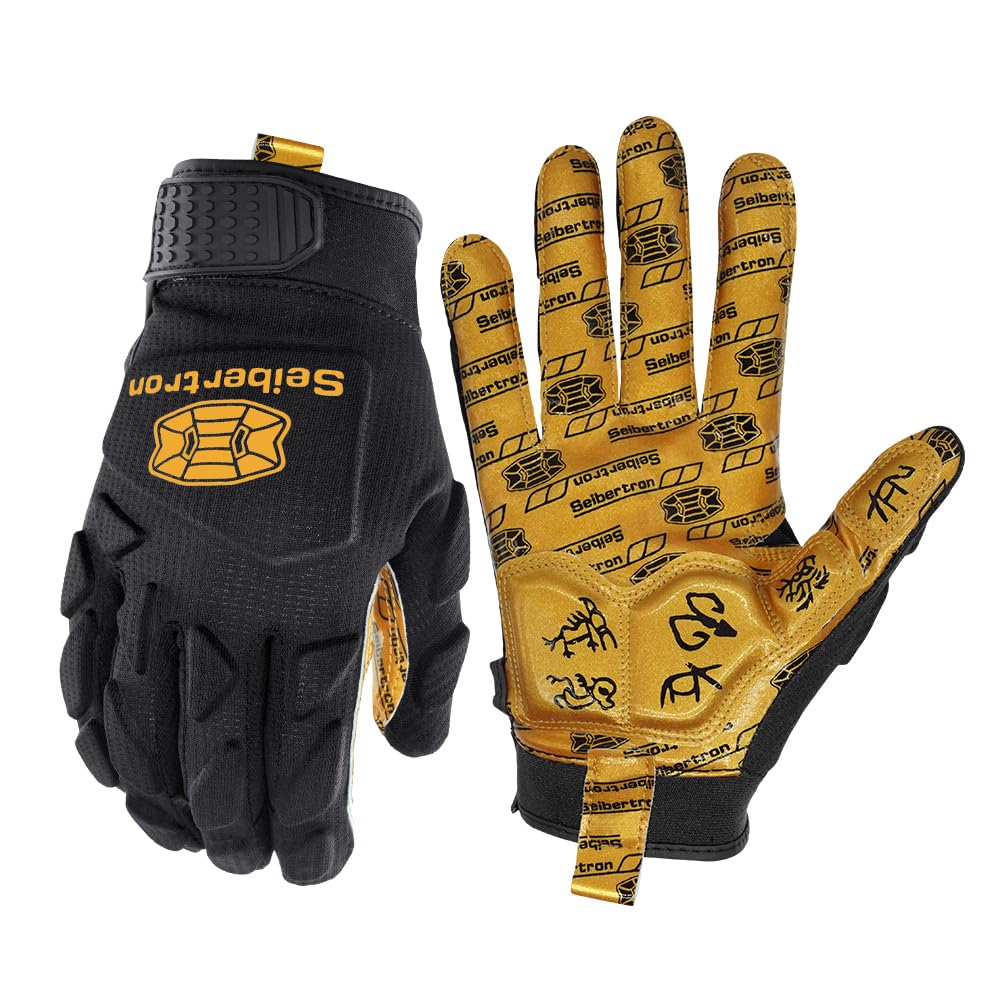 Seibertron H.P.I.L.G Touchscreen Lineman and Football Receiver Gloves, Flexible Breathable Impact Protection Back of Hand Glove Adult Black L
