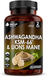 New Leaf Ashwagandha KSM-66 and Lions Mane 2000mg Capsules UK Made 120