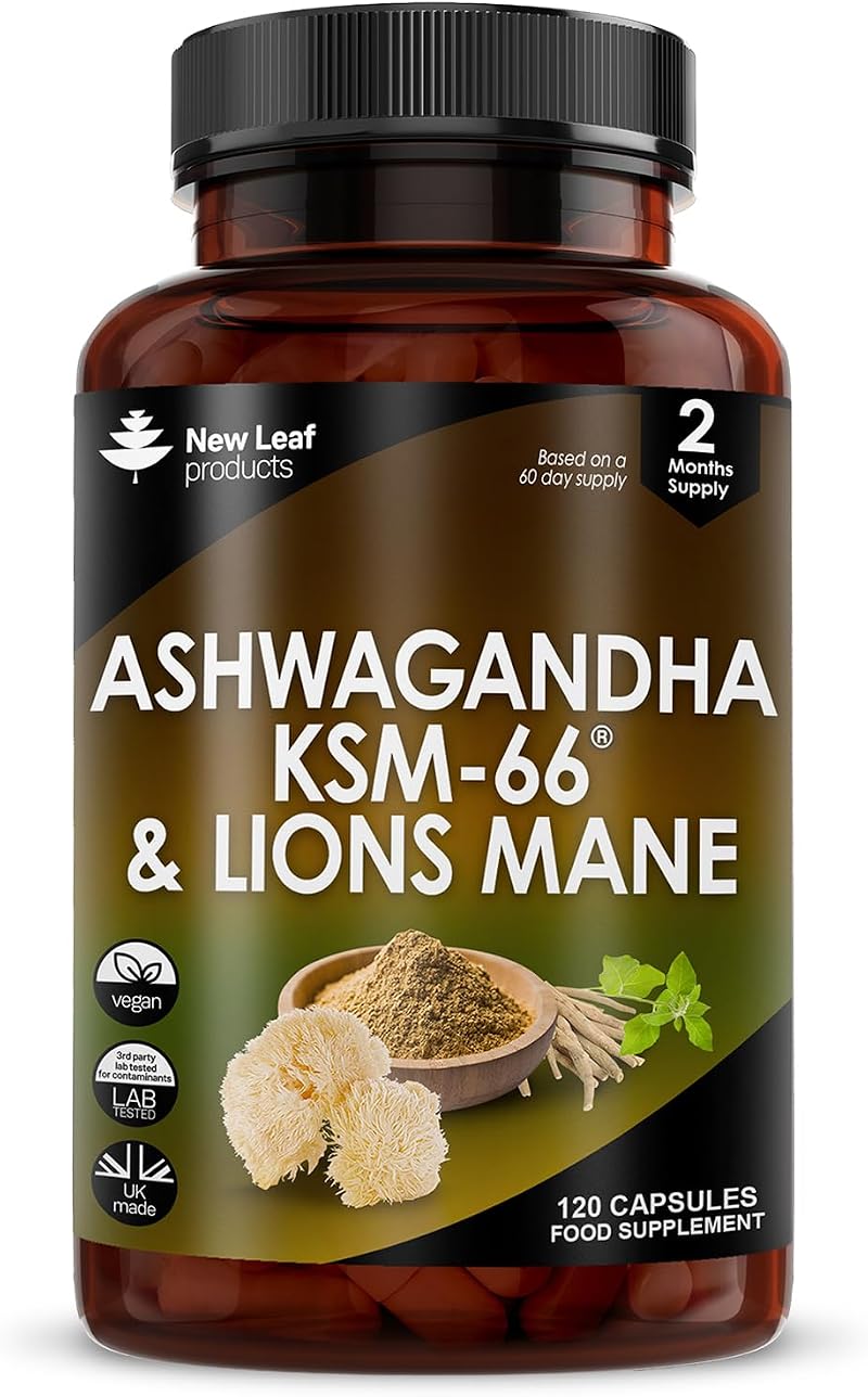 New Leaf Ashwagandha KSM-66 and Lions Mane 2000mg Capsules UK Made 120