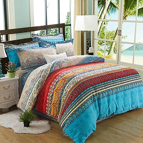 Luckey1 Bohemian Bedding Sheet Sets, Cotton Boho Fitted Sheet and Flat sheet Bedding Sets Full/Queen/King Size,1 Flat Sheet,1 Fitted Sheet, 2 Pillowcases (Queen, Fitted Sheet Sets)