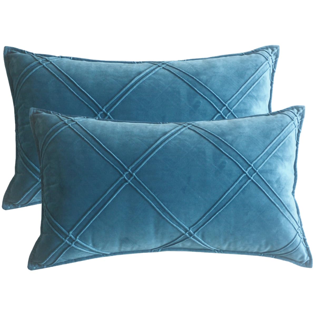 Lutanky Blue Velvet Cushion Covers Decorative Rectangle Throw Pillow Covers Checked Design Elegant Pillowcases for Sofa Bed Living Room 12x20 Inch 30 x 50 cm Set of 2