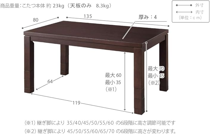 Amazon Co Jp 高さ調節ダイニングこたつ スクット 135x80cm こたつ本体のみ ホーム キッチン
