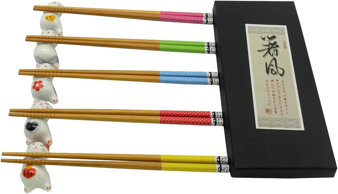 5 Pairs Chopsticks and Chopstick Rest Set, Cute Lucky Cat Chopsticks Holder 5 Cats, Classic Japanese Style Bamboo Natural Reusable Chopsticks, cute chopsticks, Chopsticks Holder Gift Set (Lucky Cat)
