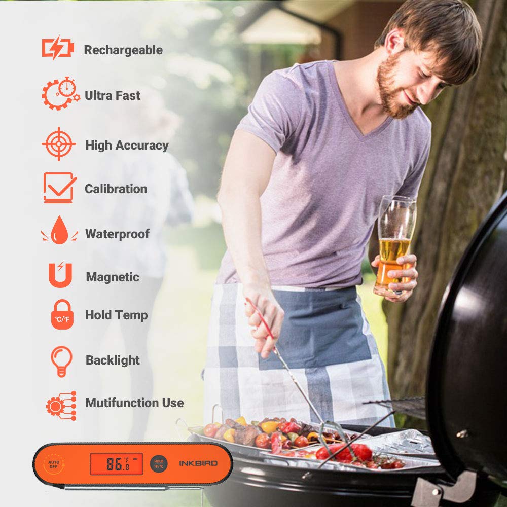 Inkbird Waterproof Instant Read Thermometer IHT-1P, Rechargeable Battery, Digital BBQ Meat Thermometer, Cooking Food Thermometer, Calibration, Magnet, Backlight for Grill,Smoker, Kitchen, Oven, Candy: Industrial & Scientific
