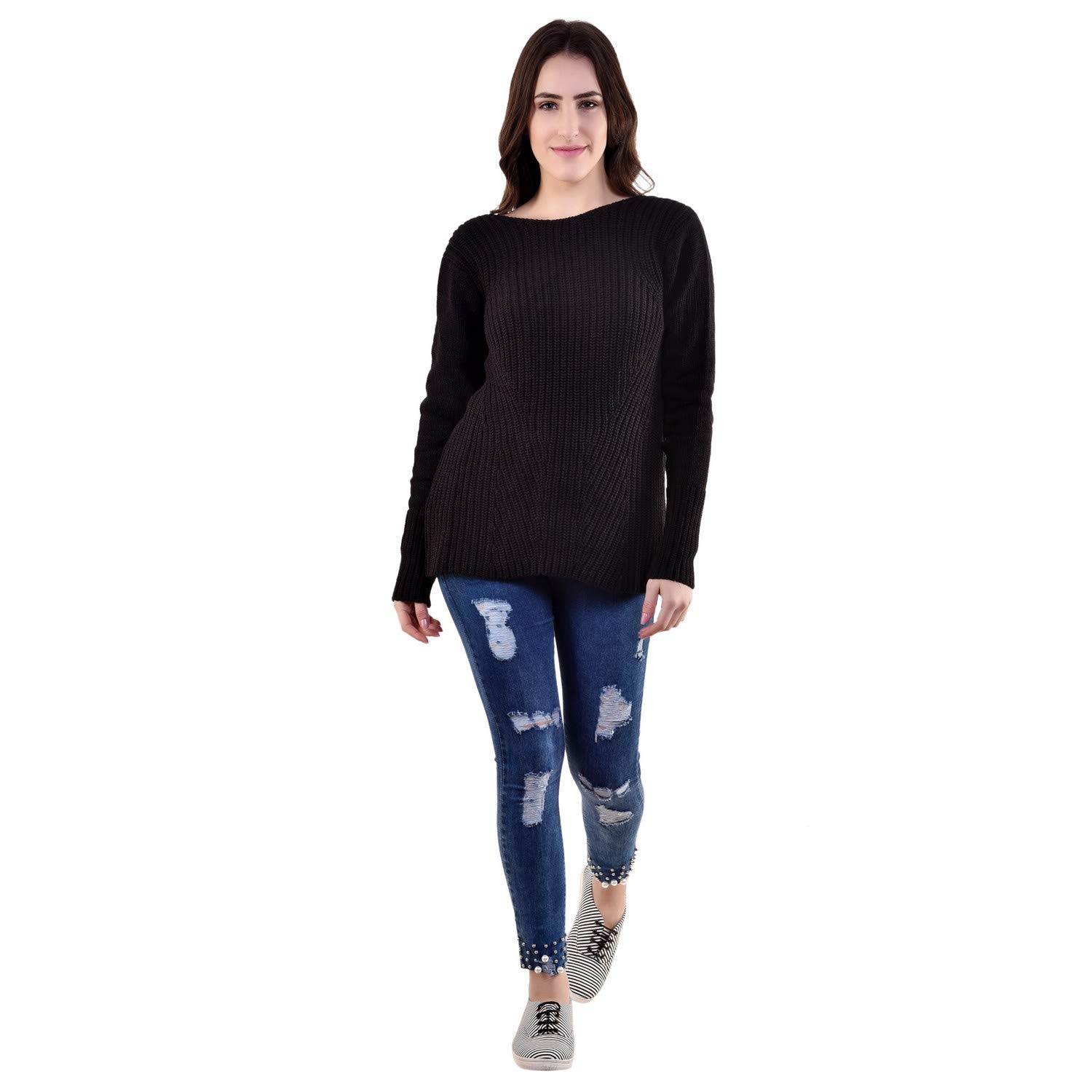 mansicollections black full sleeves diagonal knitted sweater for women