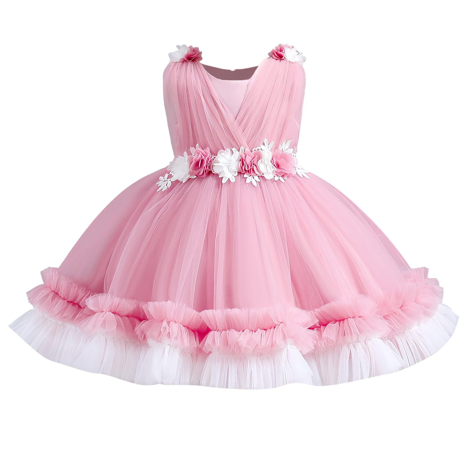 Photo 1 of Toddler Wedding Flower Girl Dress Baby Girls Sleeveless 3D Flower Tulle Tutu Dress Infant Formal Christmas Pageant Princess Party First Birthday Dresses Dusty Pink 9-12 Months