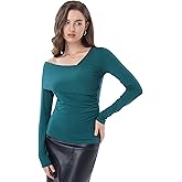 AmélieBoutik Women Asymmetric Neck Long Sleeve Fashion Casual Going Out Tops Slim Fit Tee Blouse