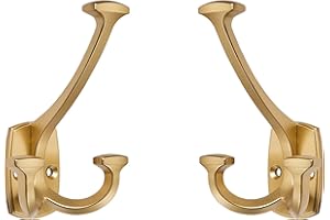 ZAUYX Large Wall Double-Sided Hook 2 Pack Brushed Gold Hook Decorative Heavy Duty Solid Large Coat Hooks for Towel Hanging Coats Robe Towel Bags Door Back 2 Prong Hooks