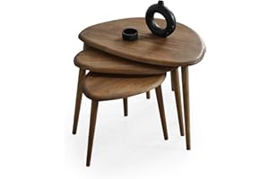 FAWdecor Solid Wood Nesting Coffee Table Set of 3 - Mid Century Modern Pebble Tables with Tapered Legs – Wooden Home Furniture in a Retro Style (Walnut)
