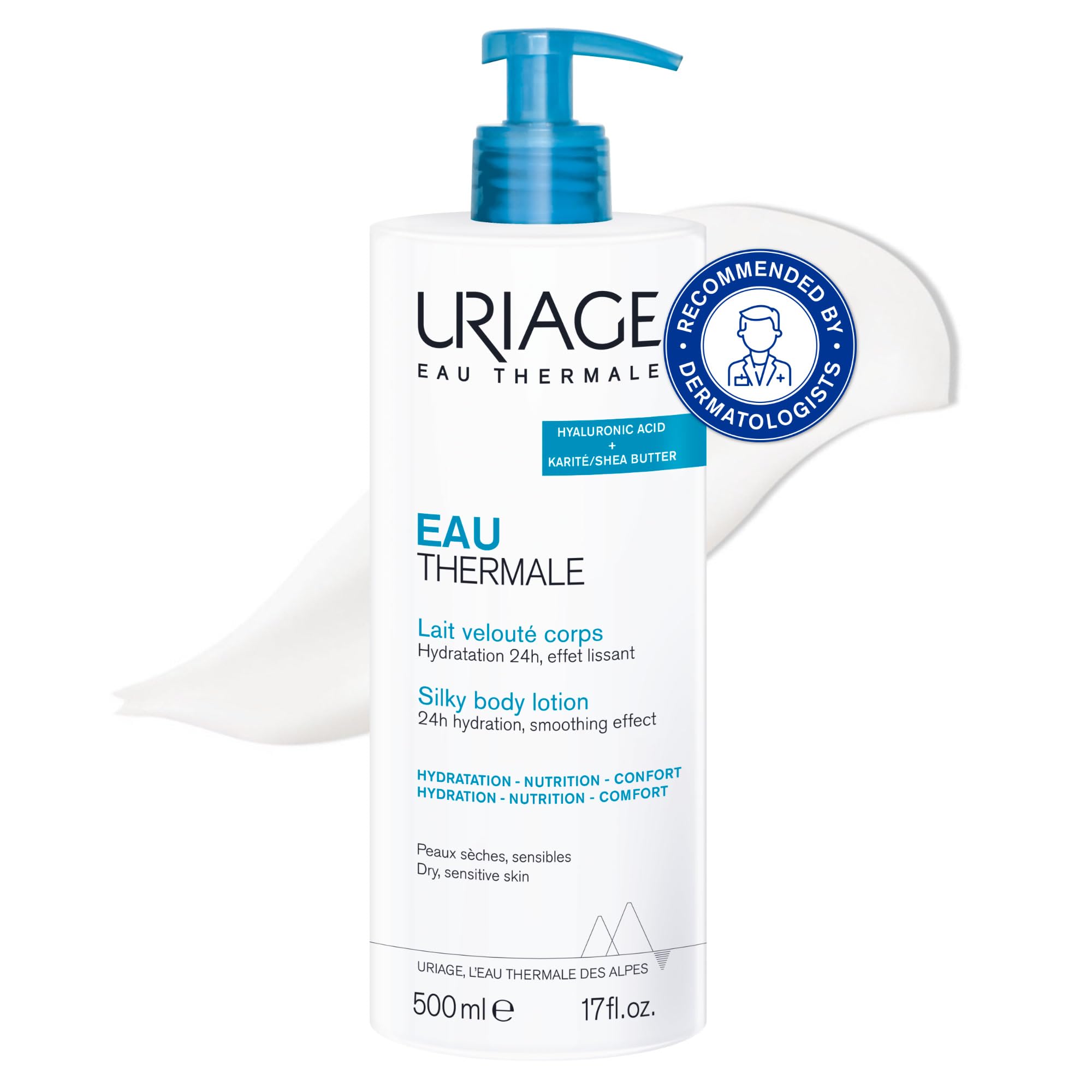 Uriage Eau Thermale Silky Moisturizing Body Lotion 500ml - With Shea Butter & Hyaluronic Acid - Intense 24h Hydration - Light Non - Greasy Texture & Lovely Floral Scent - Paraben-free