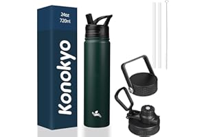 Konokyo Insulated Water Bottle with Straw,24oz 3 Lids Metal Bottles Stainless Steel Water Flask,Army Green