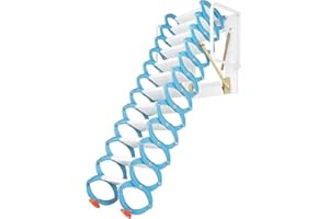 KWCWB 12 Steps Attic Ladder, 12ft Wall-Mounted Attic Ladder Pull Down System, Folding Aluminum Attic Ladders, Attic Stairs Pull Down Door, Attic Ladder for Attics, Garages, Roofs, Basements (Blue White)