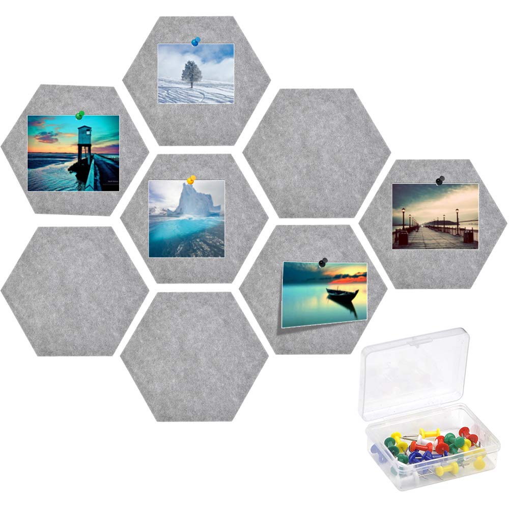8Pcs Pin Board Hexagon Felt Board, 7.8*6.8Inches Felt Pin Board Wall Bulletin Board with 20Pcs Push Pins, Grey Tiles Bulletin Board Memo Board for Home Office Wall