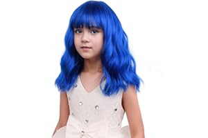 DUDUWIG Dark Blue Wig for Girls Kids Royal Blue Wig with Bangs Children Short Wavy Curly Wigs Synthetic Cosplay Hair Wigs