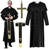 Mepase 4 Pcs Priest Costume for Adult Men Medieval Priest Costume with Robe Belt Cross for Halloween Cosplay Party