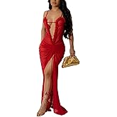 Uni Clau Women Sexy Mesh Sheer Maxi Dress Y2k See Through Low Cut Backless Bodycon Fitted High Slit Long Dress Party Dresses