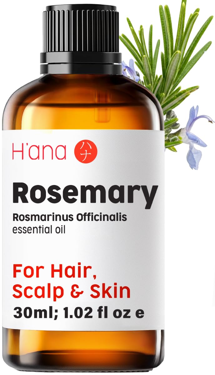 H'ana Rosemary Essential Oil - 100% Pure Rosemary Oil for Hair, Skin, Hair Scalp, Diffuser, and Aromatherapy - with a Strong, Refreshing Scent (30ml)