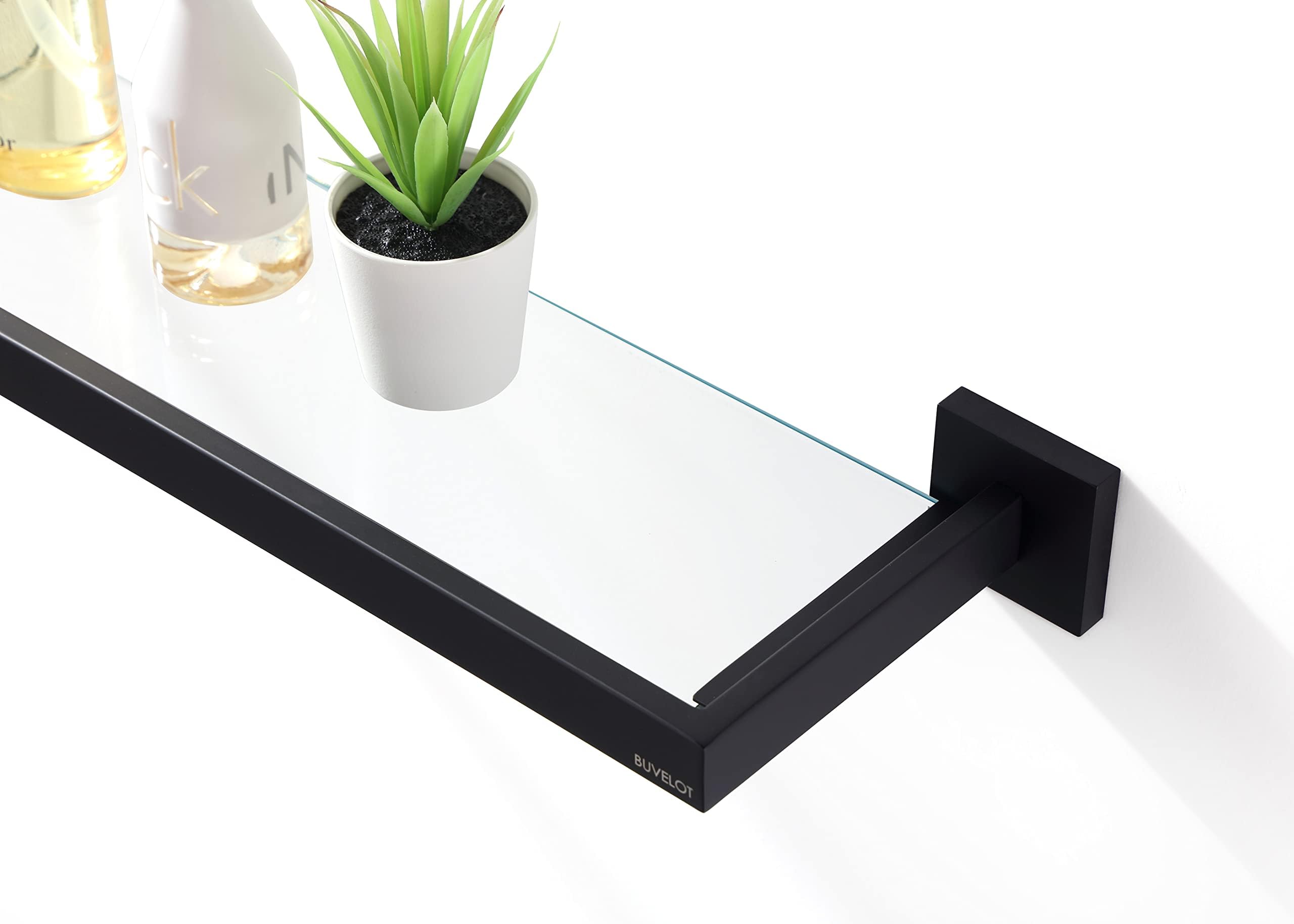 BUVELOT Bathroom Glass Shelf,Rectangular Glass Shower Shelf Black Wall Mounted,Tempered Safety Ultra Clear Glass Shelf 8mm Thickness, Matte Black,071090-MB Les Series