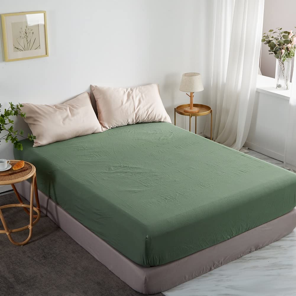 Lanqinglv Fitted sheet 180x200 cm Super King Size Sage Green Brushed Microfibre 35cm Deep Fitted Bed Sheet,Super Soft and Machine Washable