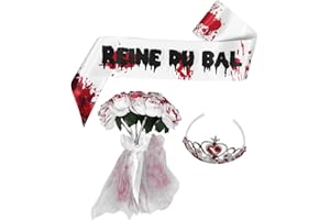 DEARMAMY Halloween Bloody Bride Costume Set with Zombie Queen Sash Spooky Tiara Corpse Bride Bouquet and