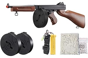 LANCER TACTICAL Airsoft Tommy Thompson Submachine Gun WW2 Chicago Typewriter Full Auto Electric SMG AEG with Extra Drum Magazines, Battery and Charger