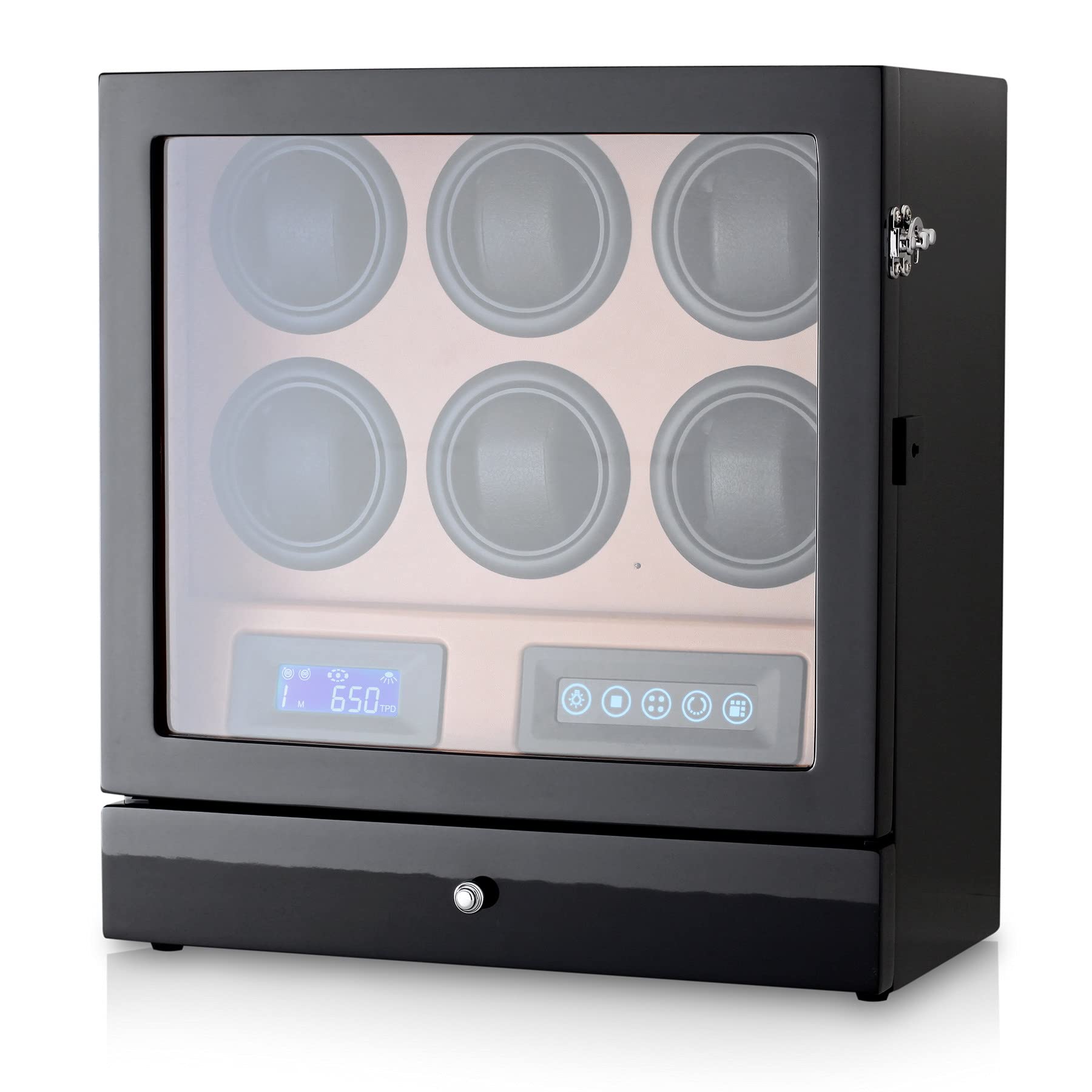 Watch Winder for 6 Watches with 2 Watches Storage Drawer, LED Backlight, LCD Display and Remote Control