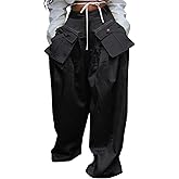 Vakkest Women's Casual Satin Cargo Pants Baggy Wide Leg Folds Pants Streetwear High Waist Palazzo Trousers with Flap Pockets