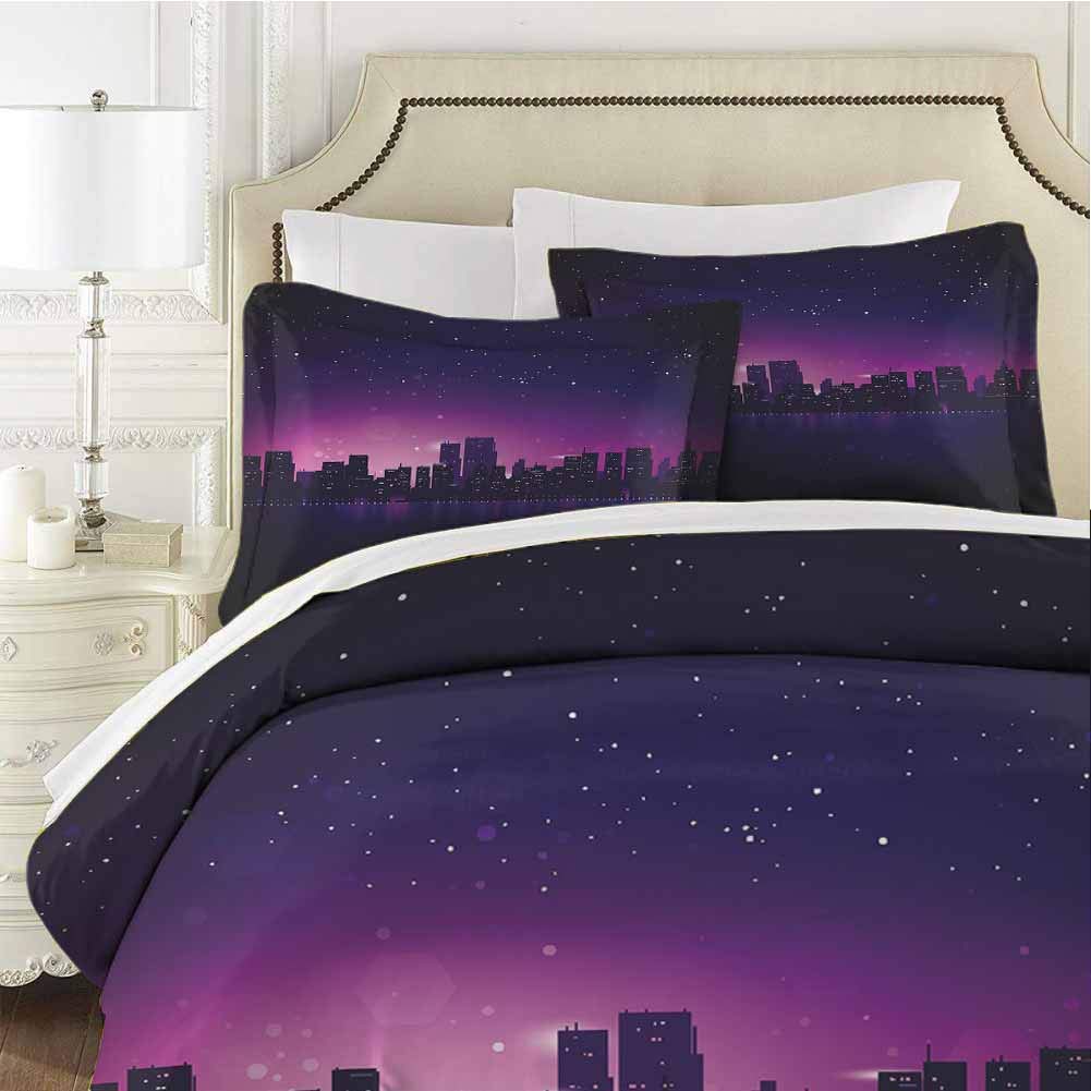 Night Bedding 3-Piece Twin Bed Sheets Set,Comforter Bedding Set Microfiber Duvet Cover Set City Skyline Silhouette Skyscrapers Abstract for Any Bed Room Or Guest Room