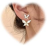 Boho Butterfly Ear Jacket Earrings Butterfly Drop Dangle Earrings White Butterfly Stud Earrings Charm Wedding Earrings Two Ways Front Back Earrings for Women and Girls Gifts