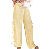 codcm Womens Gingham Striped Wide Leg Pants Y2k Lounge Pants Lace Up Loose Trousers