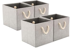 EZOWare [Set of 4 Foldable Fabric Storage Cube Bins with Cotton Rope Handle, Collapsible Resistant Basket Box Organizer for Home Closet and More – Gray 12x12x12 inch