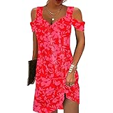 LOVESHOOT Women Cold Shoulder Dress 2025 Summer Casual Trendy Boho Floral V Neck Vintage Dresses for Beach Vacation