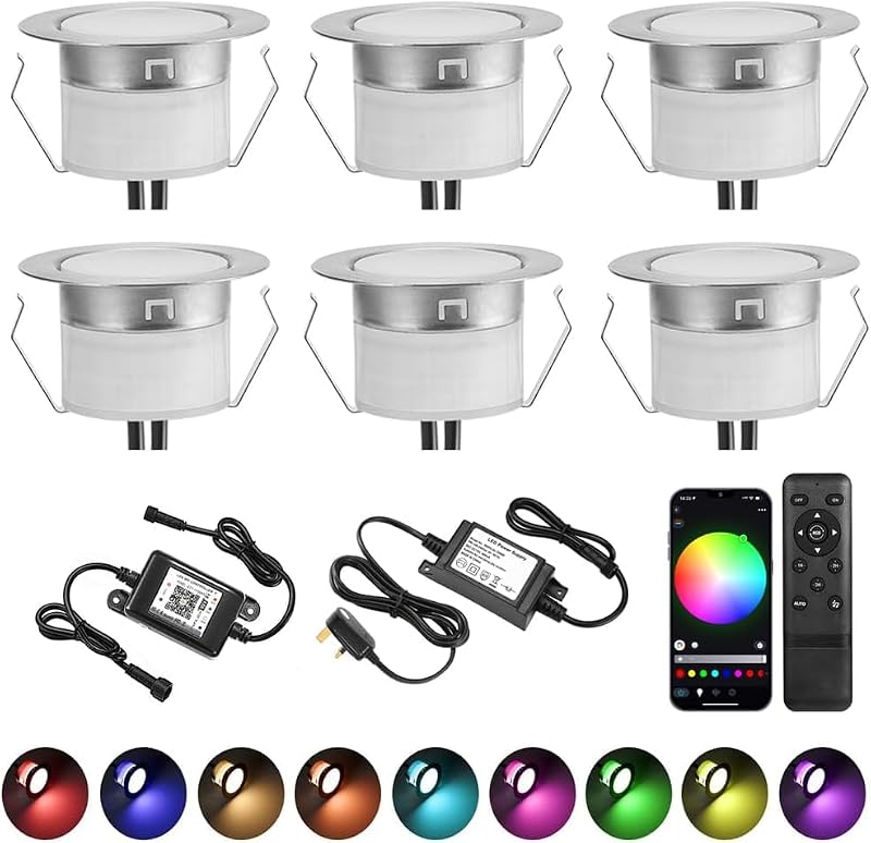 GEYUEYA Home RGB LED Decking Lights Ø45mm 12V 0.5W with Remote 6 Pack