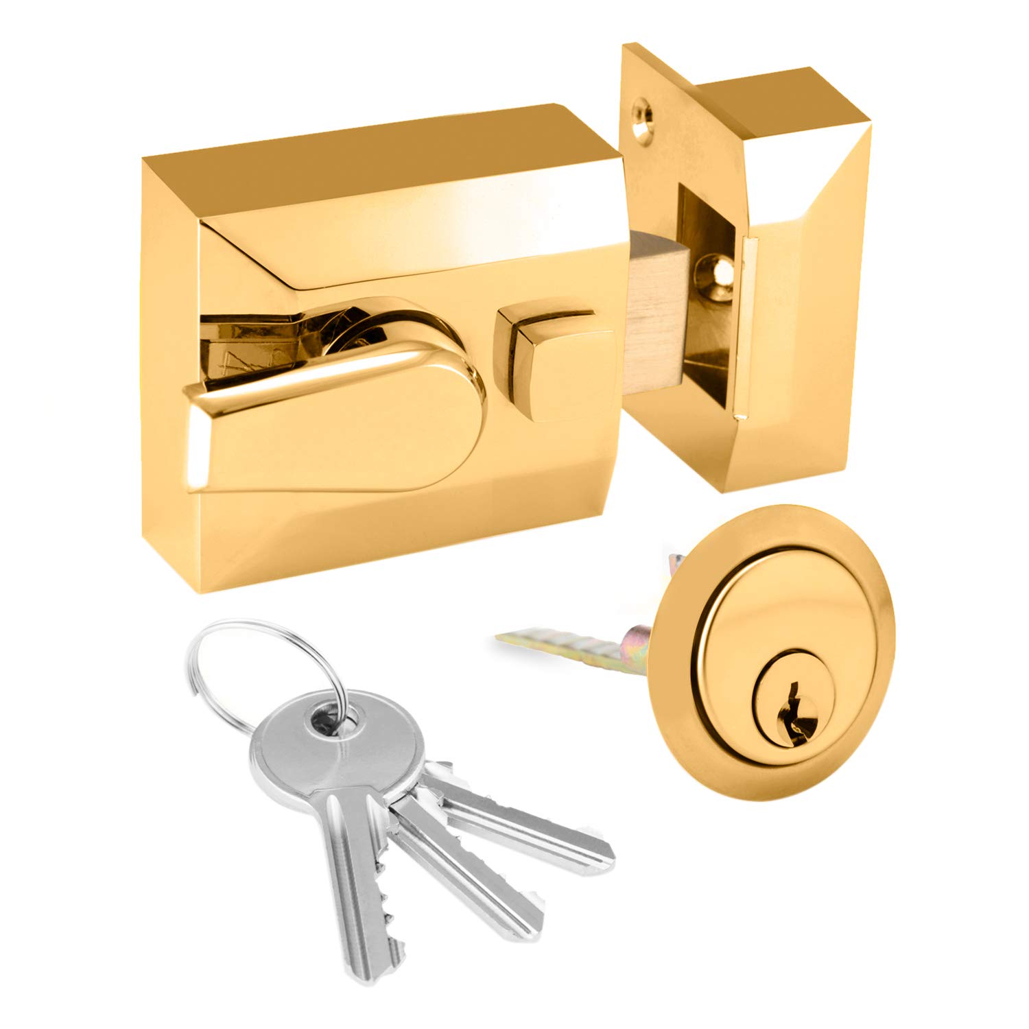 XFORT® Narrow Deadlocking Night Latch 40mm, Complete with Rim Cylinder and 3 Keys, Elegant Polished Brass Nightlatch, External Door Lock for Front Door, High Security for Your Home or Workplace — image 1