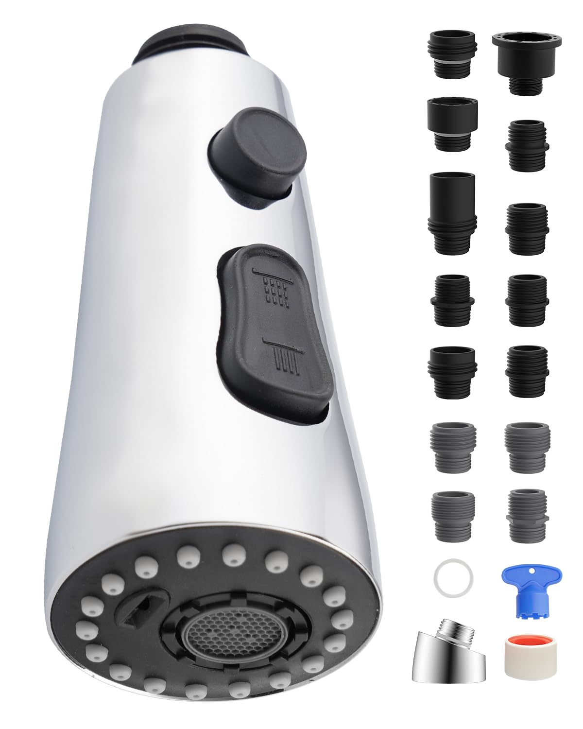 Photo 1 of Stainless Faucet Head Replacement Metal Pull Down Kitchen Faucet Head with 15 Adapters, 3 Water Modes Kitchen Sink Faucet Sprayer Head, Chrome Finish