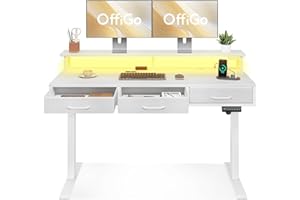 OffiGo Electric Standing Desk with Drawers, 55 Inch Height Adjustable Desk with Power Outlets & LED Lights, Sit Stand Table with Monitor Stand for Home, Office, Workstation, White