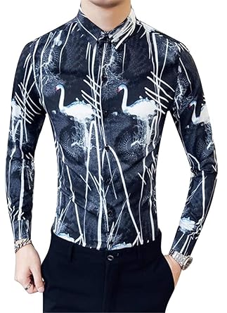 Artffel Mens Turn Down Collar Hair Stylist Work Long Sleeve Floral