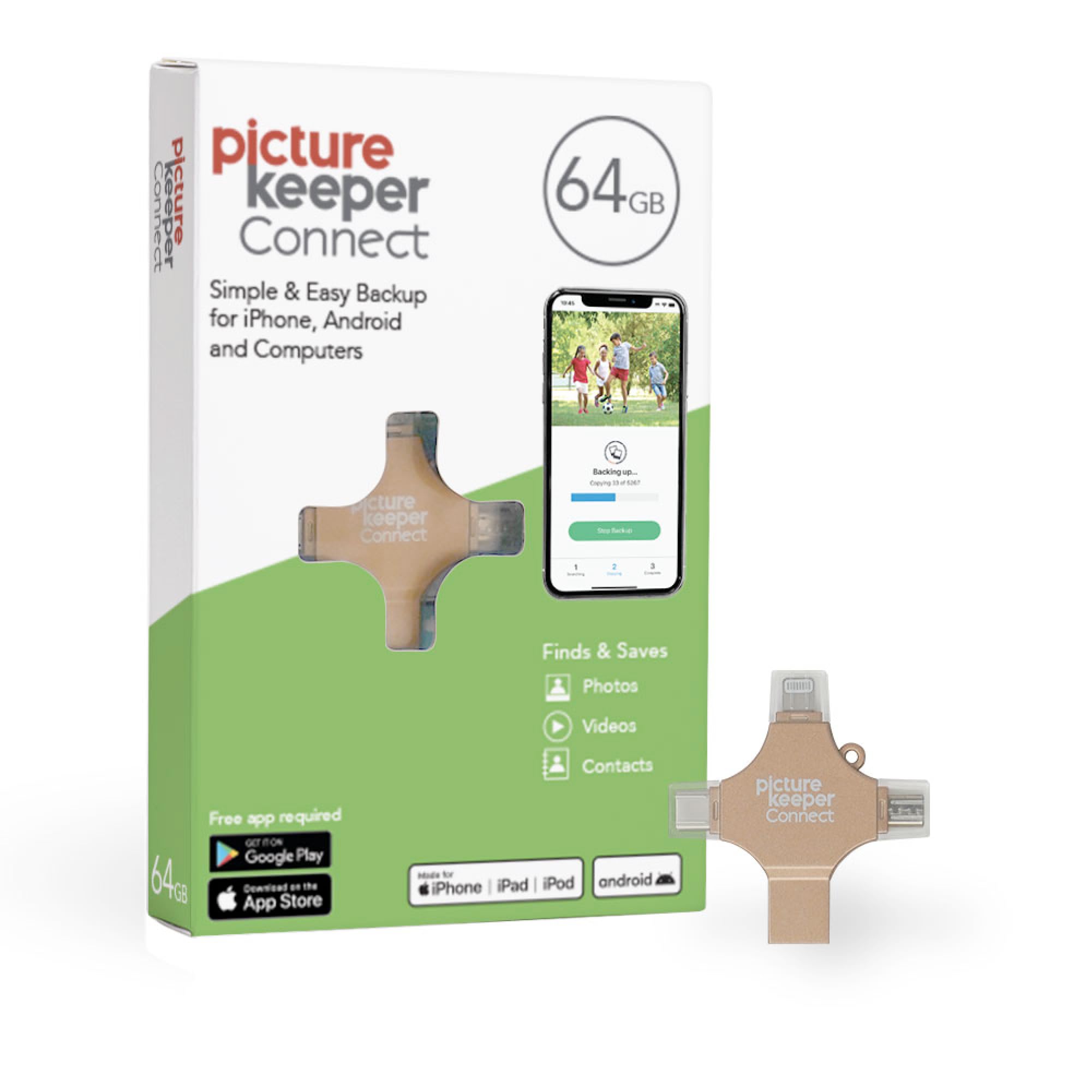 Picture Keeper Connect for iPhone, Android, USB-C, PC & Mac - 64GB USB Backup for Photos, Videos, Contacts, Flash Drive Memory Backup - 64GB, Gold