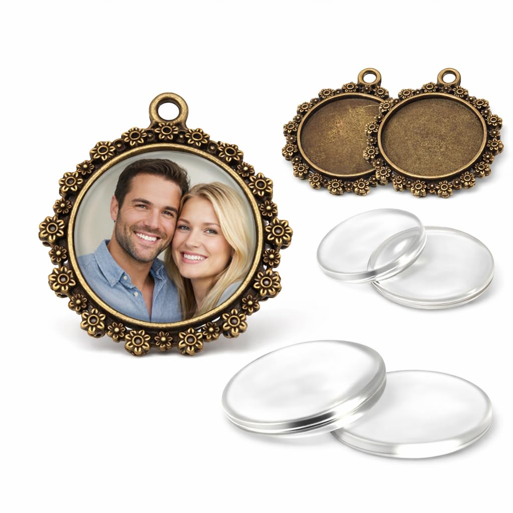 Perlin Charm 4Pcs Empty Bezel Tray Lockets Metal Pendant Setting, 20mm Round Glass Cabochon Craft Set, Brass, Clear, Circle, Unisex, Filigree Pattern, Ideal for Jewelry Making