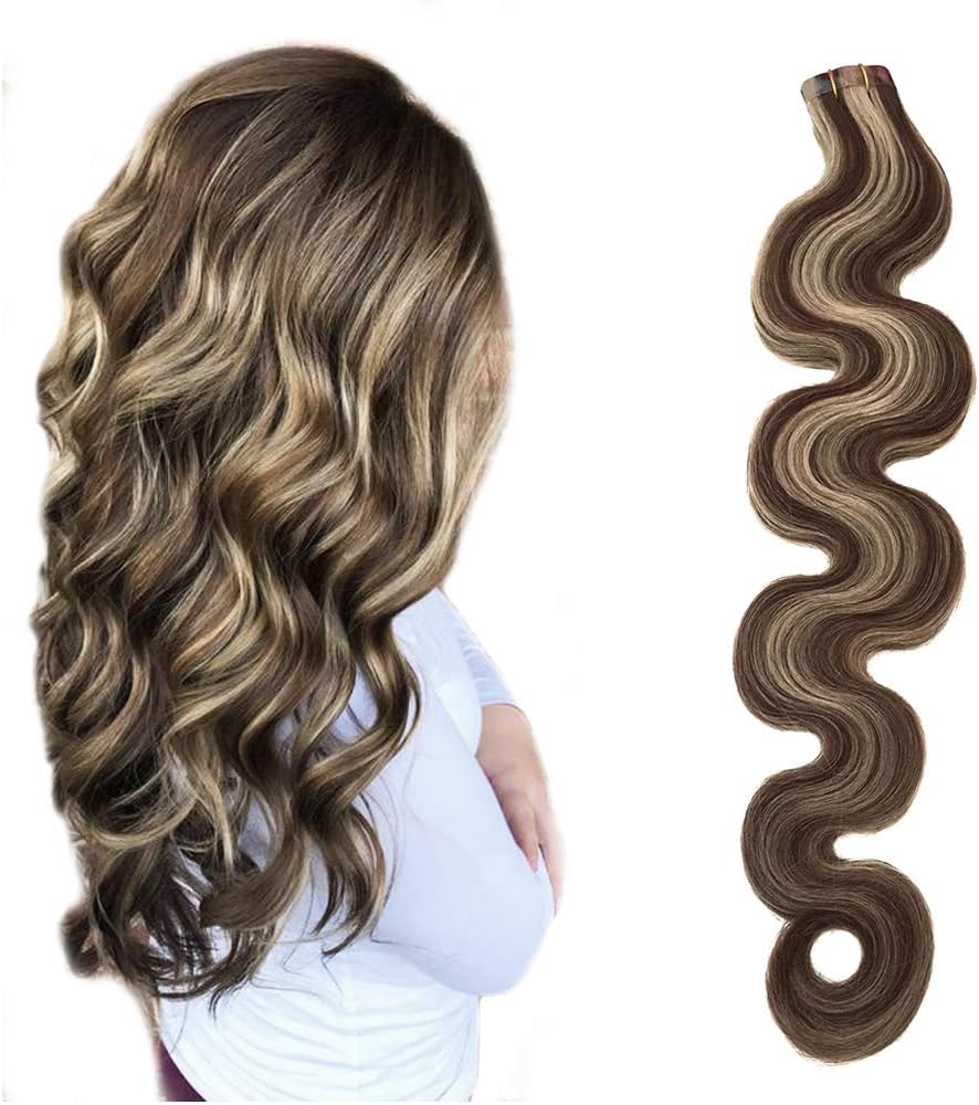 Brown Tape in Hair Extensions with Blonde Highlights Wavy Seamless Skin Weft Human Remy Hair Glue in Extensions for Women 18" 40g 20Pcs/Package