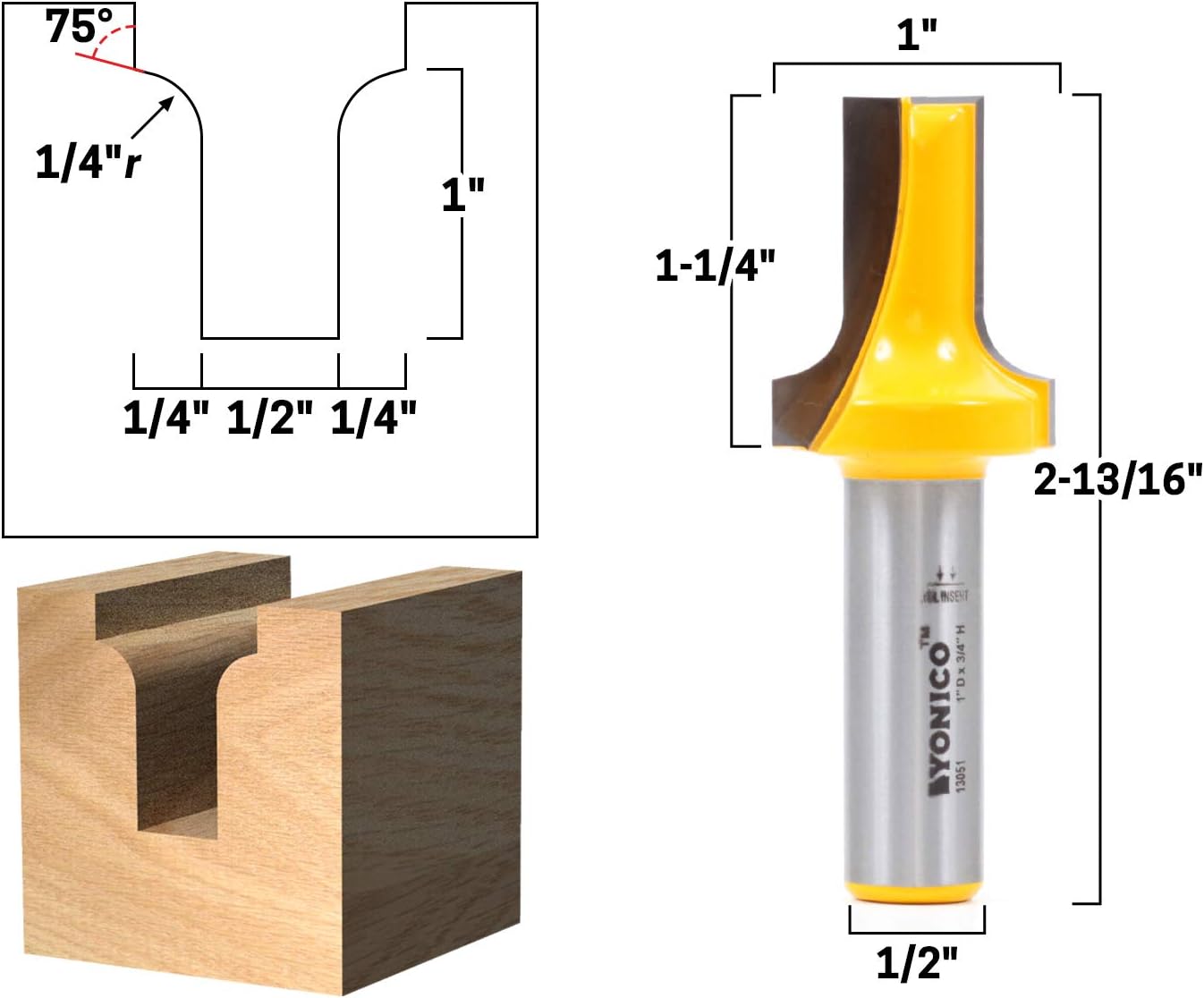 Yonico 13051 1-Inch Height x 1/4-Inch Radius Dado Cutting Round Over Groove Router Bit 1/2-Inch Shank - Image 3