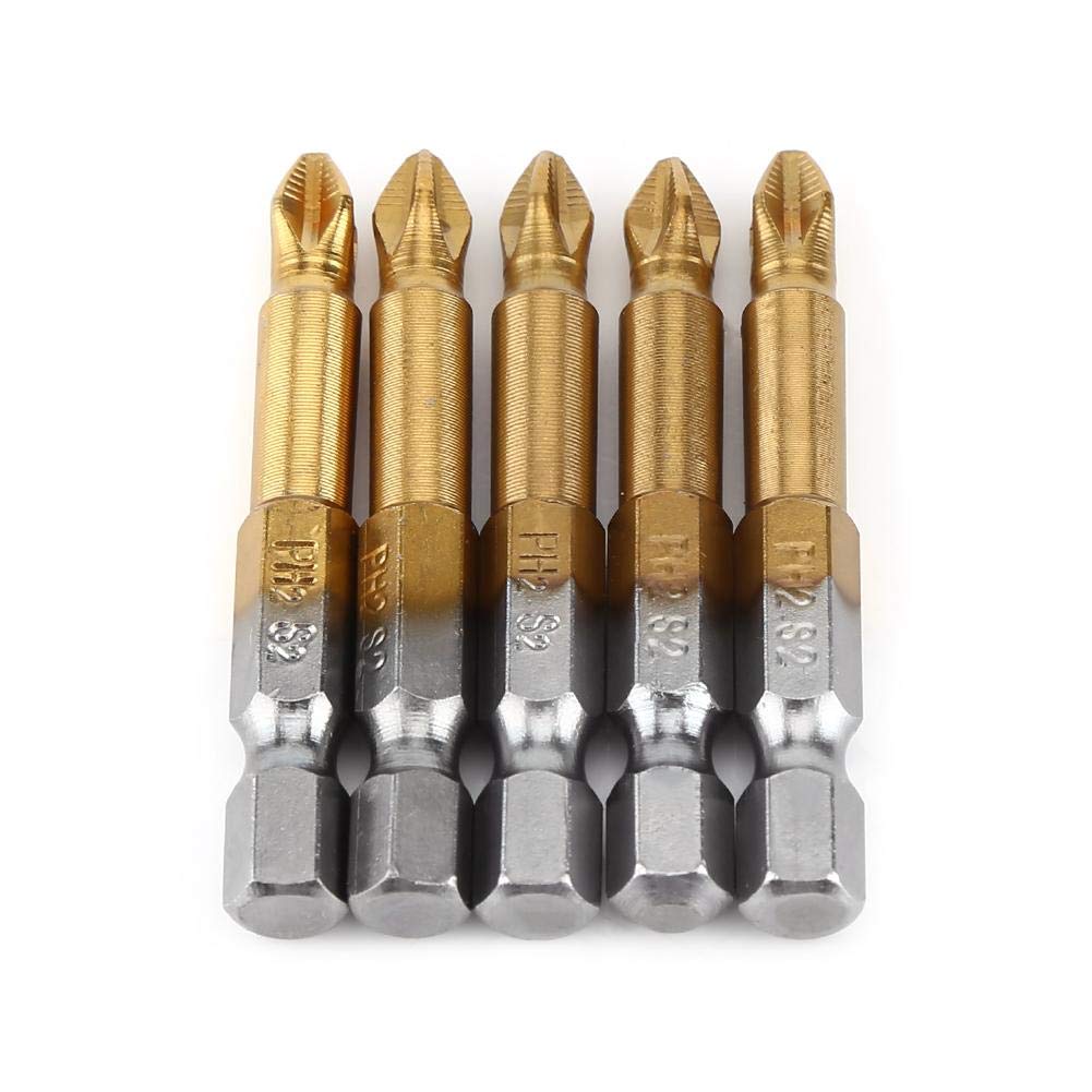 Magnetic Cross Head Screwdriver Bit Set 5pcs PH2 S2 Alloy Steel Titanizing Screwdriver Bits 1/4 Inch Hex Shank 50mm/1.97" Long Anti-Skid Cross Screwdriver Bits Set