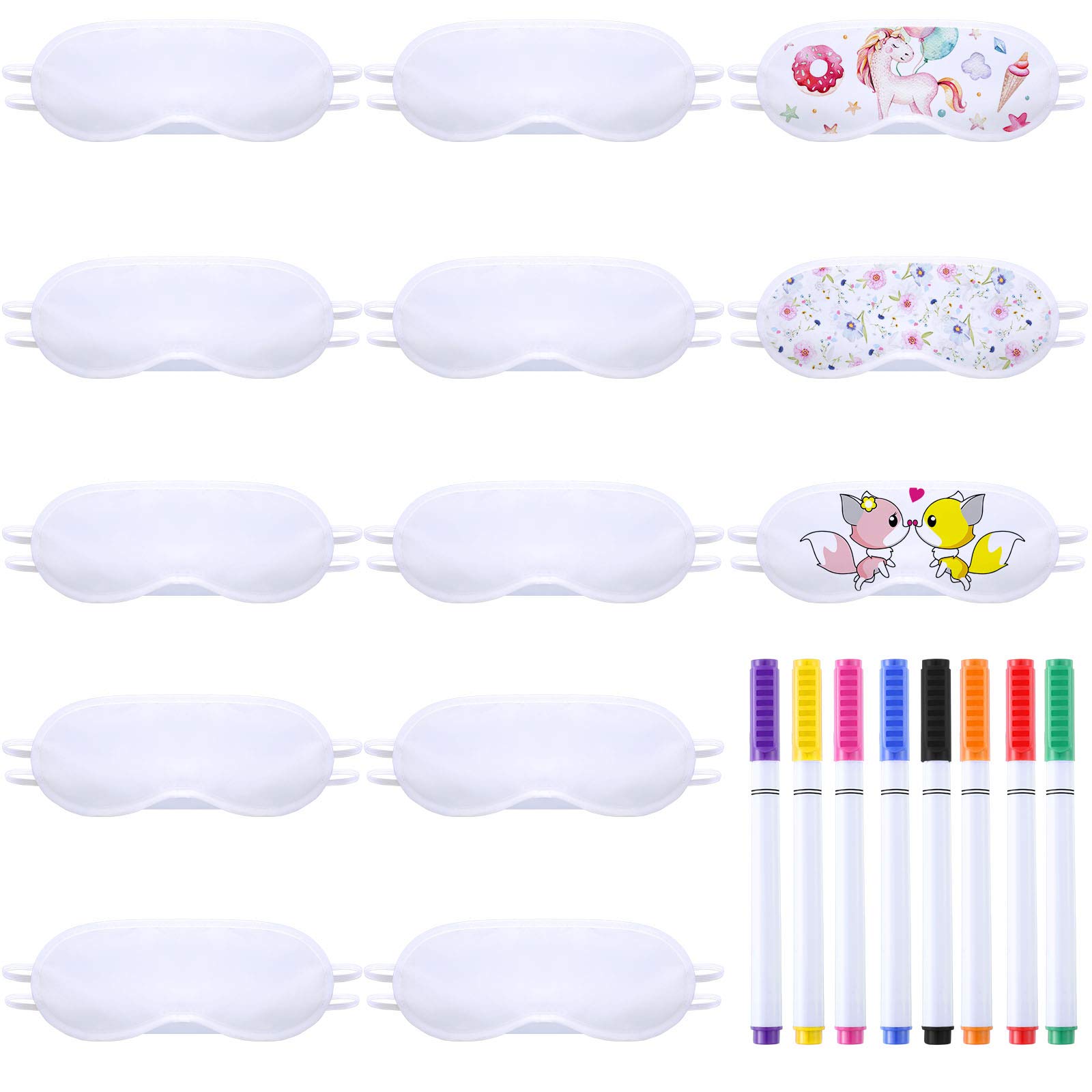 SATINIOR 10 Pcs White Eye Mask Bulk Party Supplies Sublimation DIY Color Your Own Soft Eye Coverings Blindfold with 8 Pcs Fabric Marker Pens for Travel Game Wedding